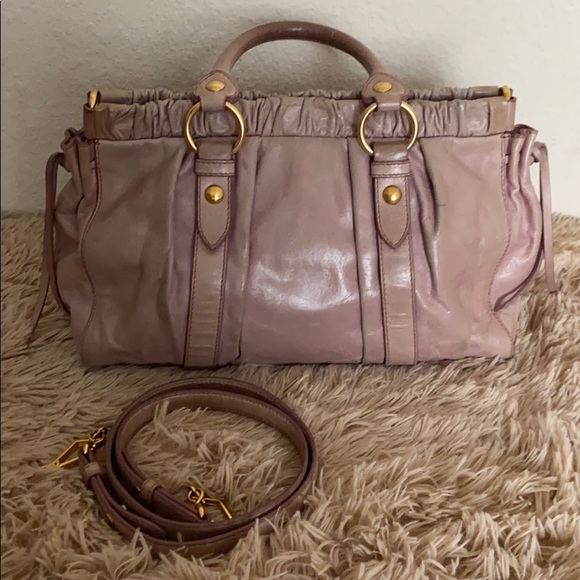Auth Miu Miu Beige Vitello Pleated Satchel - Picture 4 of 17
